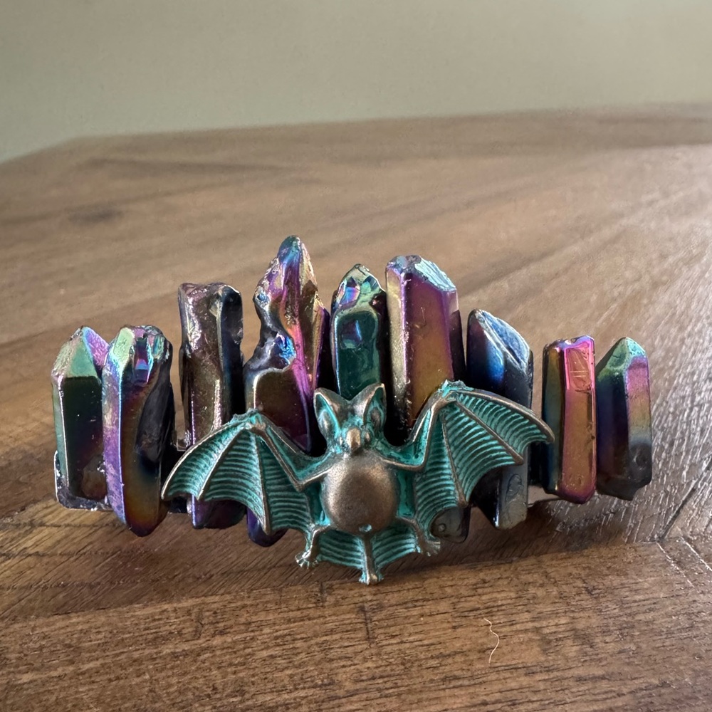 Titanium Rainbow Aura Quartz with Patina Bat Handmade Hair Clip - Picture 4 of 5
